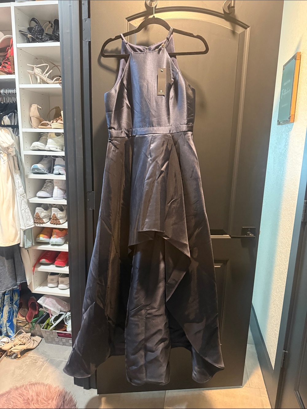 Lulu's Midnight Navy Satin Halter High-Low Dress